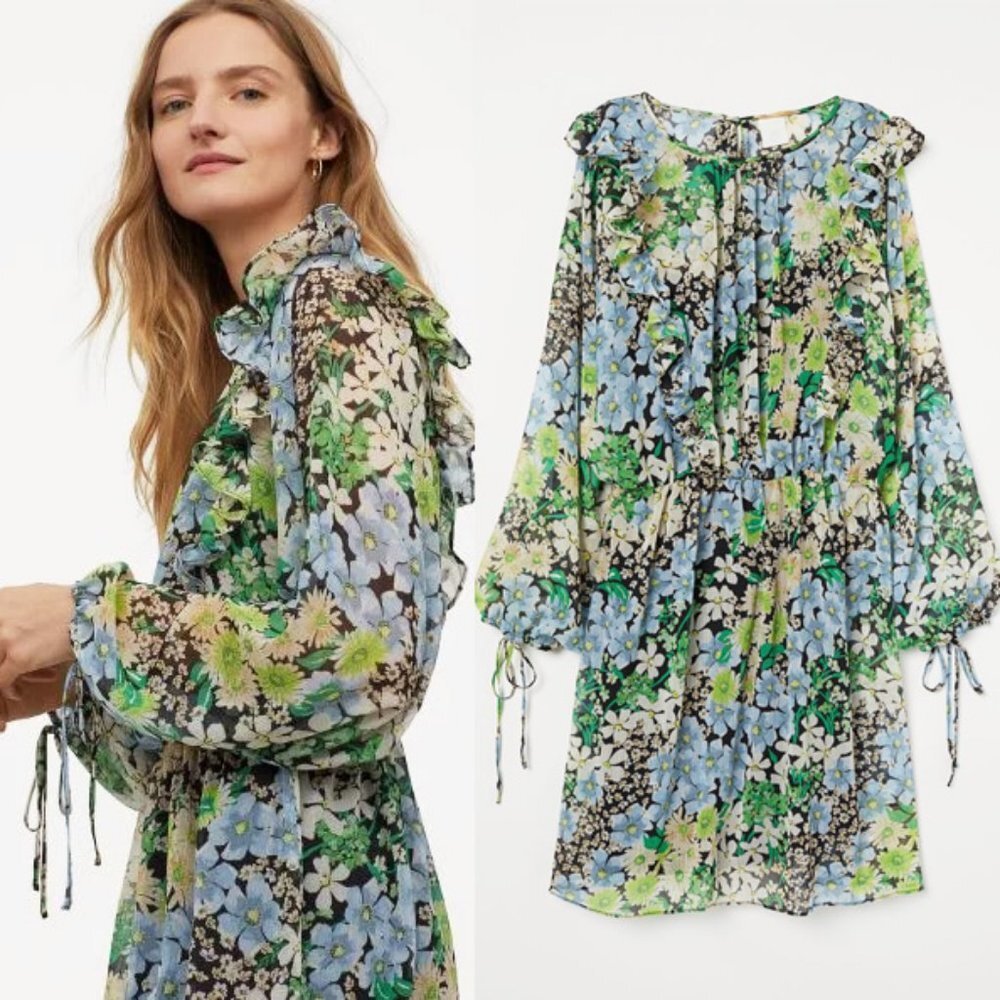 H&M Spring Summer Floral Flowy Chiffon Ruffle Trim Dolman Sleeves Dress M Green